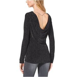 Michael Kors Sparkly Long Sleeve Cowl Back Black Blouse Top Metallic Size Medium